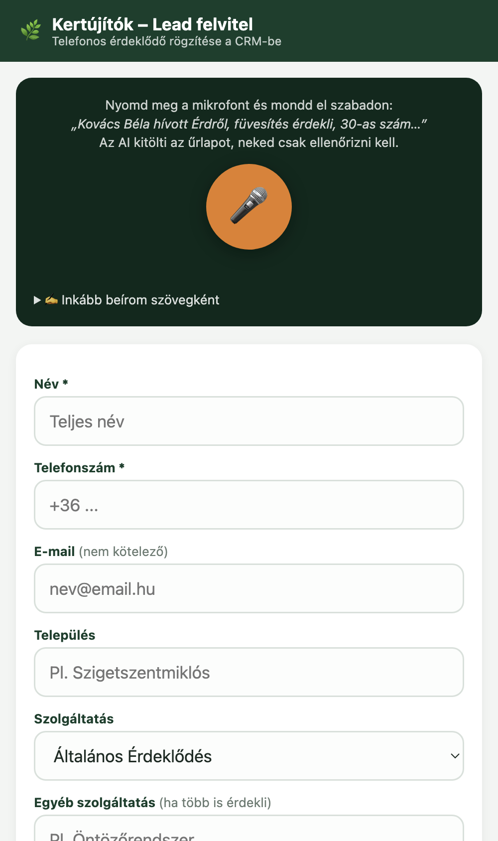 Lead-felvitel alkalmazás a telefonon