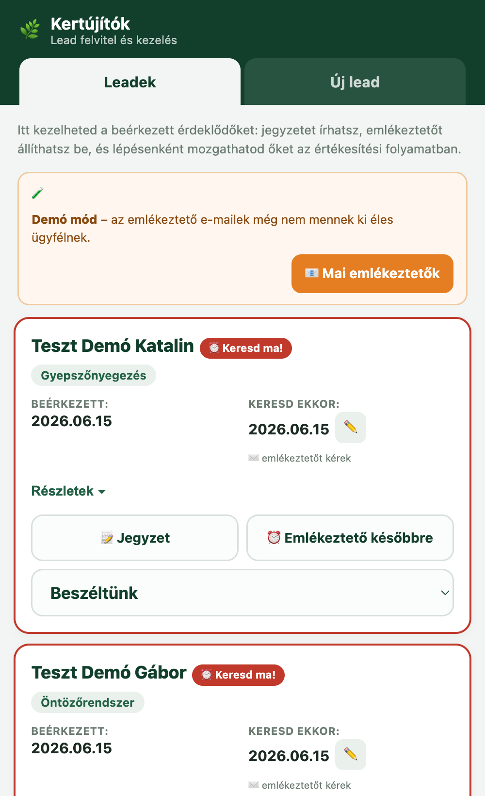 A Leadek nézet kártyákkal