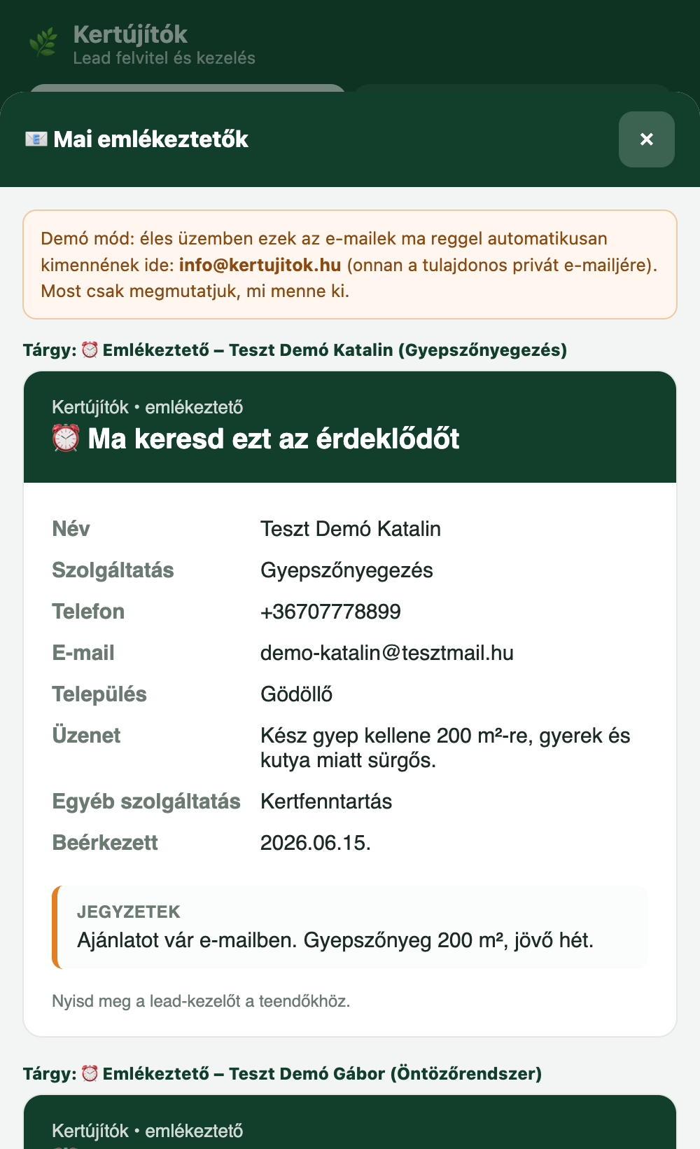 A Mai emlékeztetők nézet a kiküldendő e-maillel