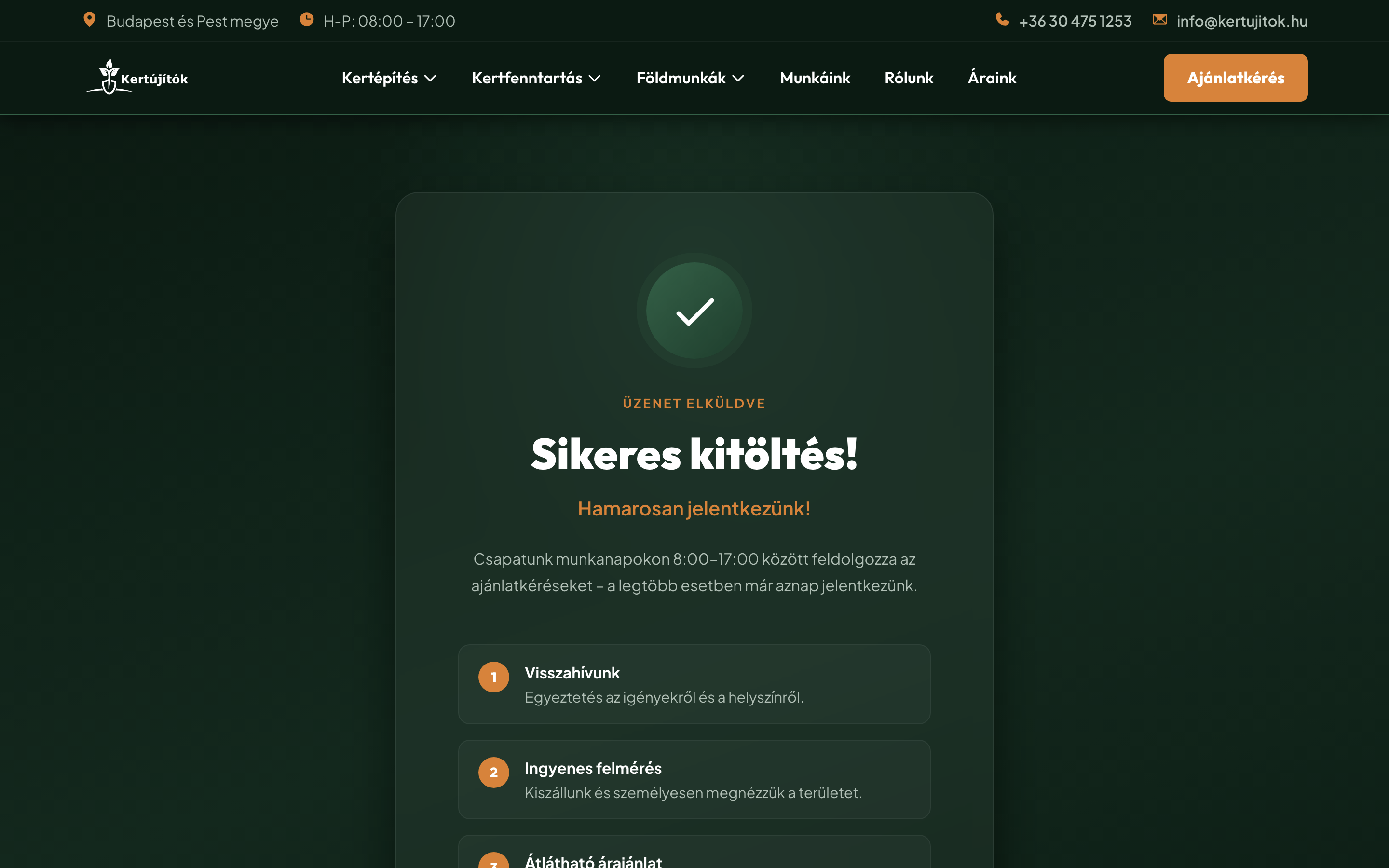 Köszönőoldal: Sikeres kitöltés